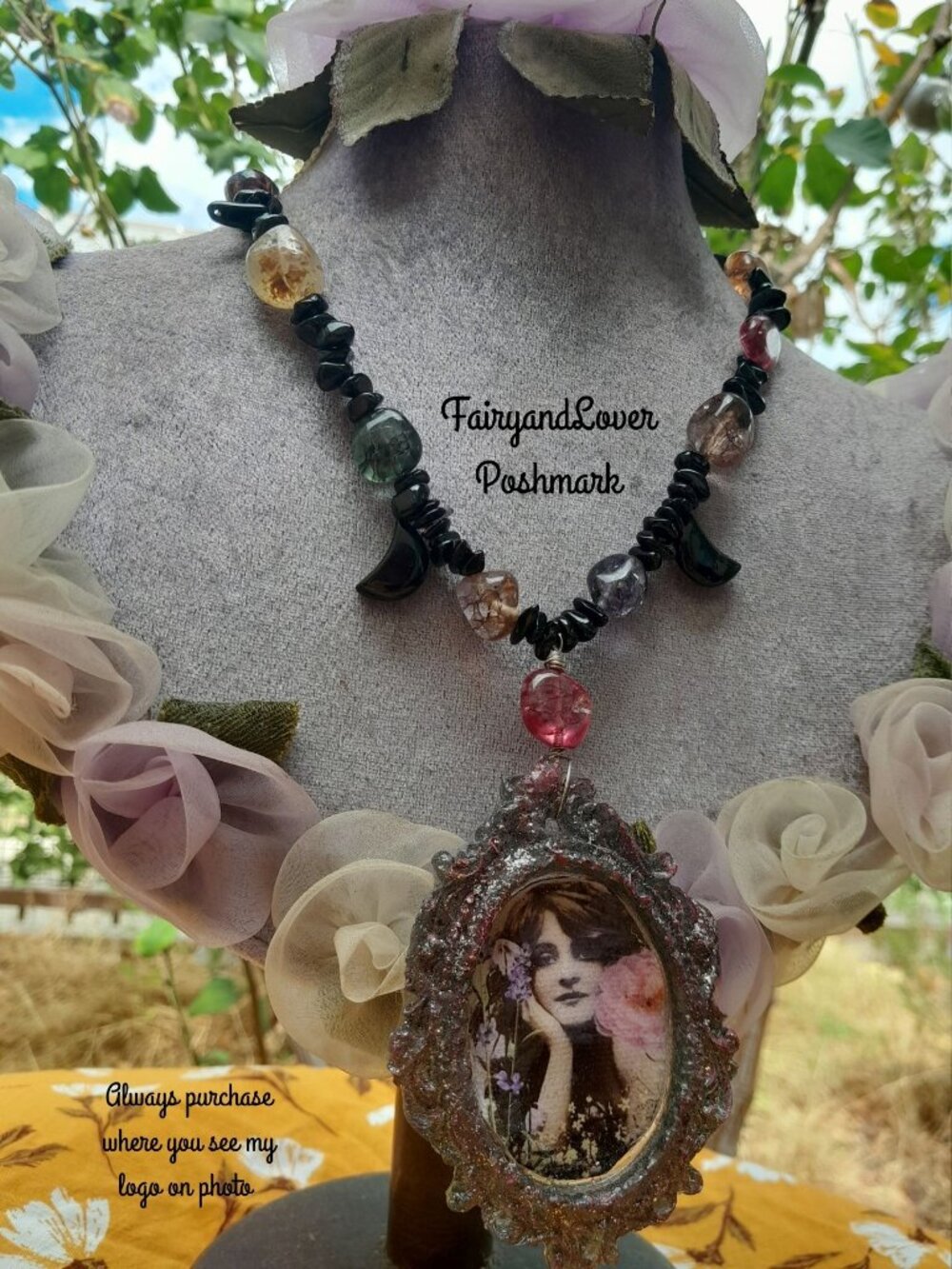 Gypsy cameo art nouveau tumble gemstone beaded necklace, fairy accessory gifts